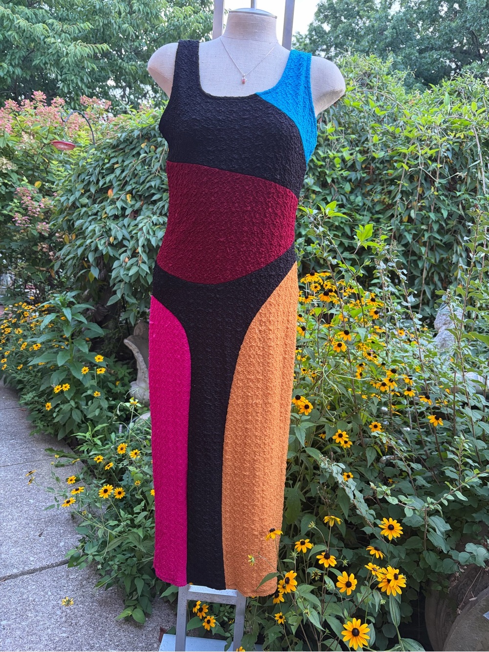 Sleeveless Colorblock Maxi Dress — Black, Teal, Burgundy, Fuchsia & Orange